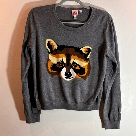 LACOSTE LIVE! Sz L Sweater 100% Cotton Raccoon Image On Grey Background - Picture 2 of 8
